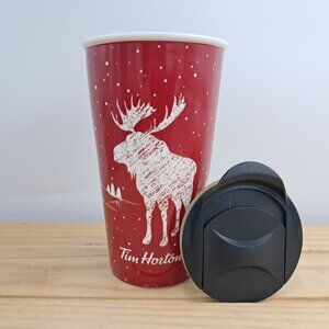 Tim Hortons 2018 Ceramic Travel Mug Winter Moose Red White -  Black Plastic Lid